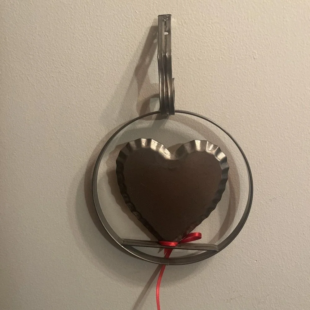 VTG Cross Stitch Heart House‎ Tin Ribbon Wall Hanging